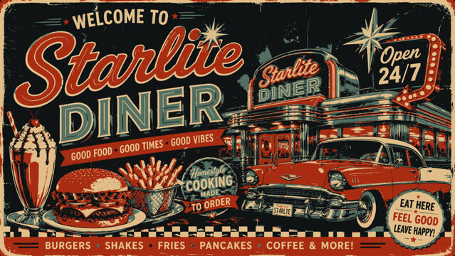 Vintage starlite diner sign with classic car, milkshake, and burger, retro 1950s style illustration for restaurant decor