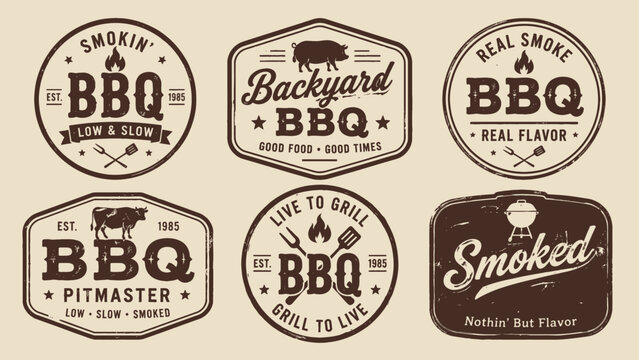 Set of vintage barbecue labels, badges and emblems bbq grill, smoke, meat and cooking tools vector illustrations