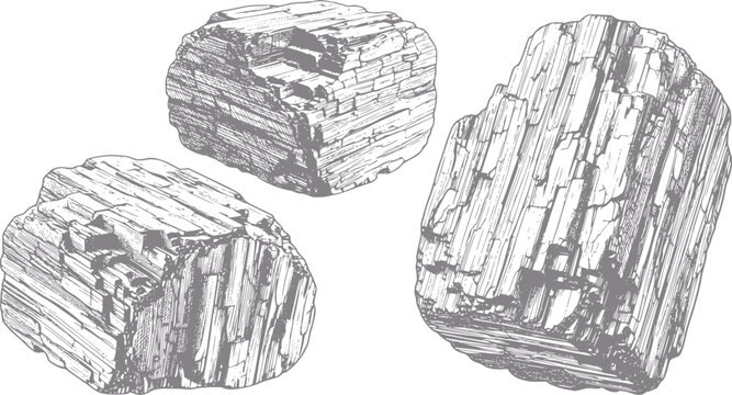 Three rough mineral crystals with distinct striations and textures