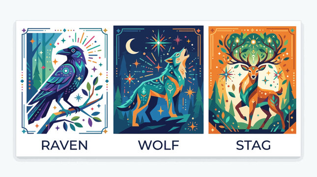 Set of three mystical animal illustrations featuring raven wolf and stag.