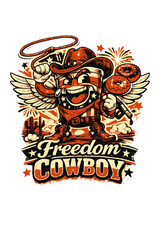 Fototapeta premium Cartoon american cowboy coffee cup character with lasso, wings, donuts, and fireworks, patriotic western graphic design