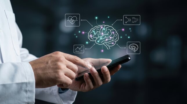 Doctor using smartphone to interact with holographic brain interface, artificial intelligence, healthcare technology, neural network concept, digital health, medical modern technology business concept
