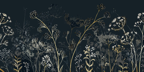 Floral ornament with wildflowers and foliage on a dark background © Rahul