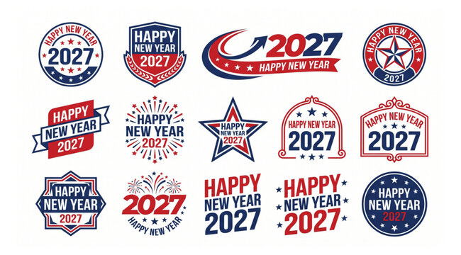 Collection of japanese style happy new year 2027 emblems and vector badges with japanese mountain celebration greeting typography illustration collection traditional fireworks