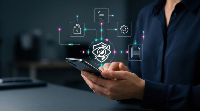 Businessperson using smartphone to manage secure data through a holographic privacy interface with protection icons, cybersecurity technology, data privacy, identity modern technology business concept