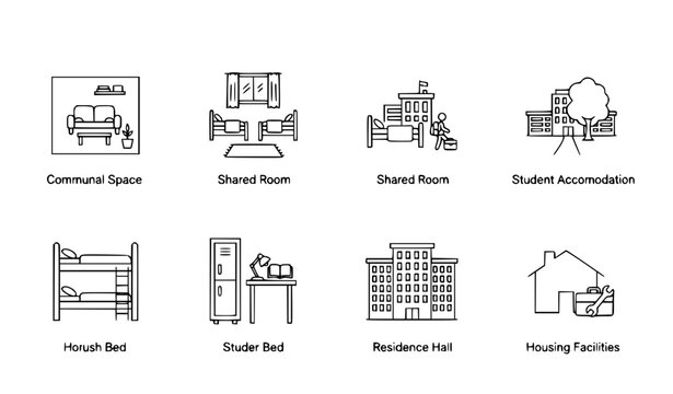 Dormitory Linear Icons Set &ndash; Student Accommodation