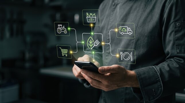 Chef using smartphone to manage sustainable food supply chain from farm to restaurant table using glowing digital interface, smart agriculture, food logistics, farm modern technology business concept
