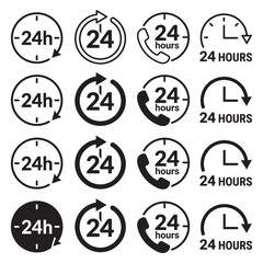 Fototapeta premium Set of 24 hours service icons and time clock symbols for business and support vector design.