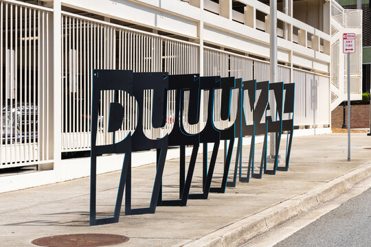 Jacksonville, FL, USA - May 15, 2026: A Duuuval bike rack art piece in downtown Jacksonville that honors the popular Jacksonville Jaguars and Duval County chant and also African American history.