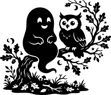 Black silhouette of a smiling ghost and an owl on a tree branch