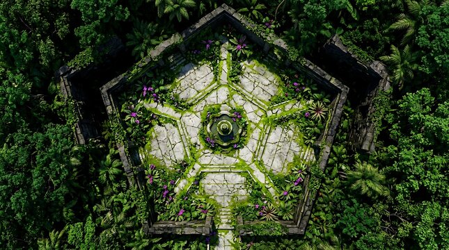 Aerial view of ancient stone pentagonal ruins in a lush jungle