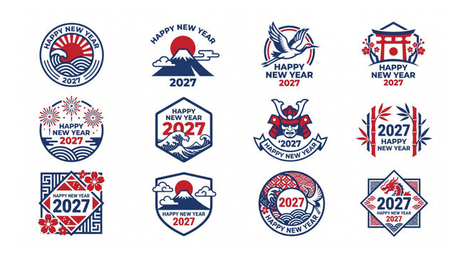 Set of 12 japanese style happy new year 2027 celebration emblem and badge illustrations featuring mt fuji crane samurai and traditional decorative motifs japanese celebration mountain