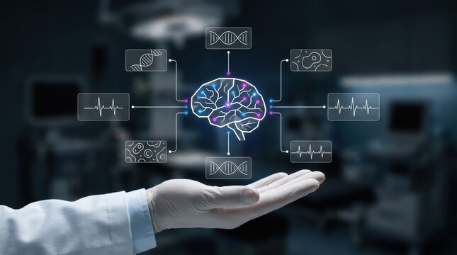 Doctor wearing white lab coat and glove holding a glowing holographic brain interface with medical data icons in a dark clinic, artificial intelligence modern technology business concept