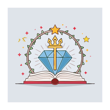 Cartoon open book emblem with diamond and crown