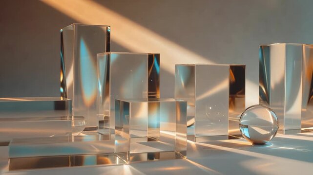 Transparent glass shapes with light beams in minimalistic style on neutral backdrop showing clarity concept