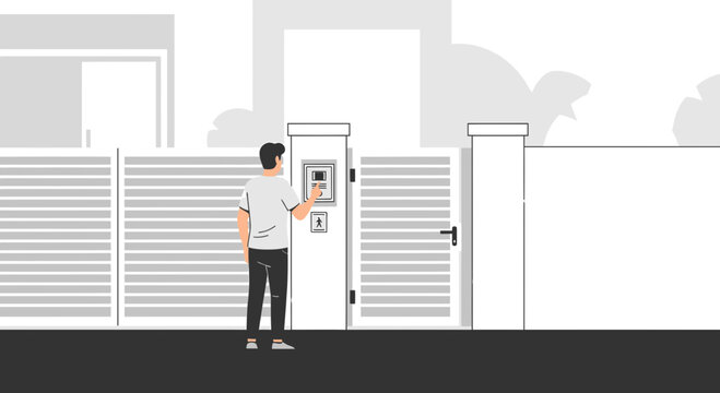 Man uses keypad intercom system at modern gate entrance, access control