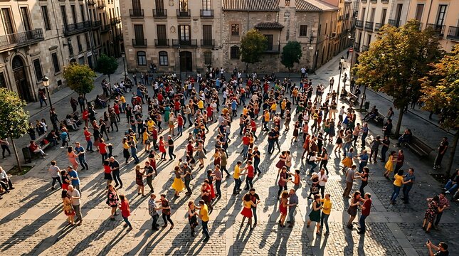People dancing swing together in a sunlit historic european square