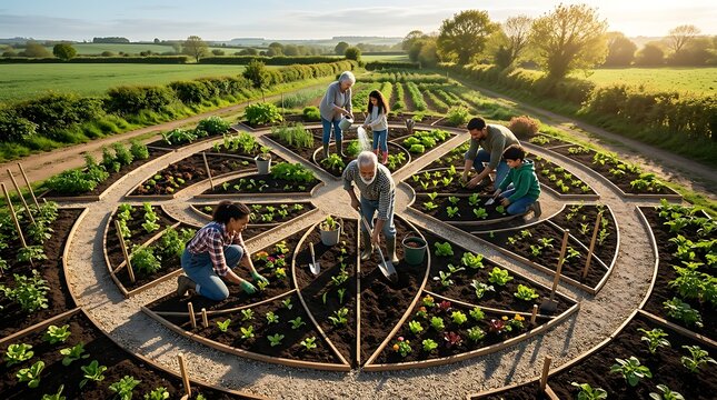 Multi generational family working in a circular community garden