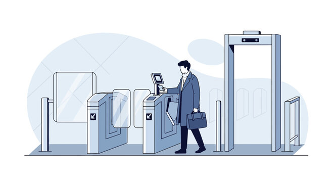 Man passes through airport security and ticket gate, modern travel concept illustration