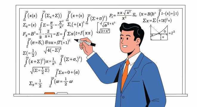 A smiling young businessman in a blue suit writes on a whiteboard filled with complex mathematical equations in a professional setting.