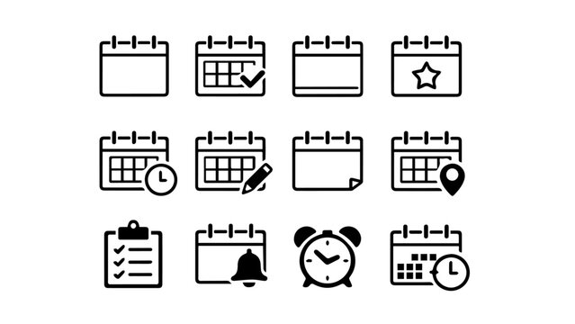 12 Calendar Schedule Icon Silhouette Pack - Date Planner Reminder Vector Set 3x4 Grid Commercial Use