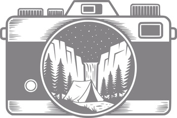 Vintage camera captures waterfall, tent, and starry night sky © Rifat
