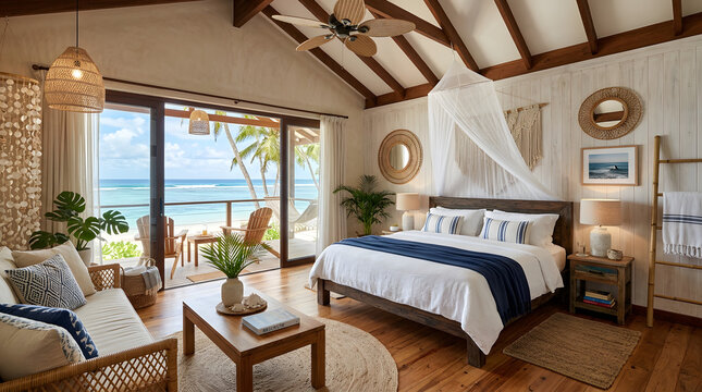 Tropical beachfront bedroom with canopy bed and ocean view.