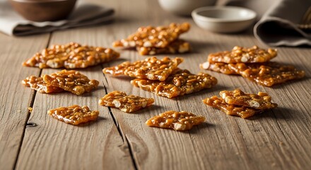 Fototapeta premium Homemade Peanut Brittle Pieces Scattered on Rustic Wooden Table.