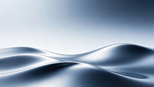 Metallic Silver Dark Blue Gradient Fluid Wave Background, Upper Light White to Pale Blue Horizon, High Reflection Three Dimensional Curves, Minimalist Tech Vertical Wallpaper