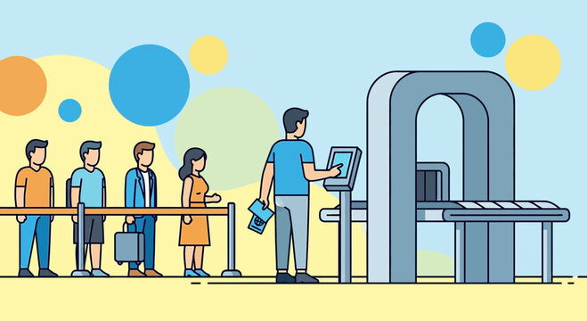 Airport security check, people queue for xray scanner, travel concept, flat illustration