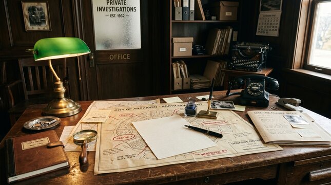 Old  blank l File Folder Lying on Detective Desk with Lamp 