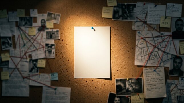 Spotlight Illuminating Blank Paper on Detective Corkboard 