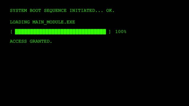 Retro computer system boot sequence with green text on a black screen.