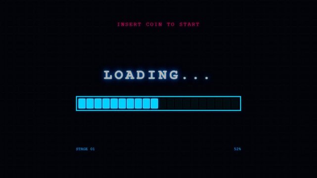 Retro arcade style loading screen with progress bar.