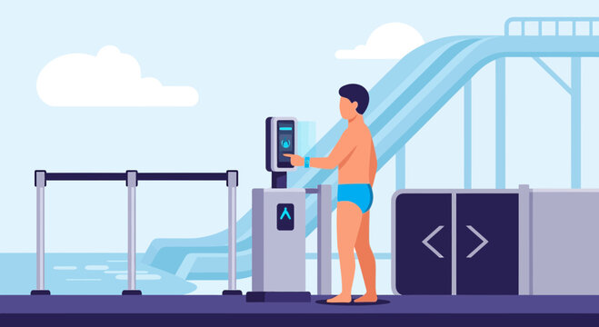Man at water park ticket gate, waterslide background, summer fun