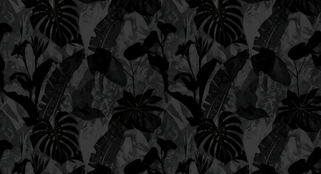 Dark tropical seamless pattern with exotic palm leaves and flowers