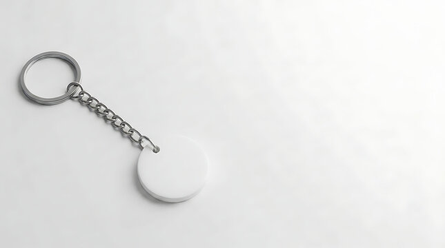 Blank white circular keyring mockup with metal chain