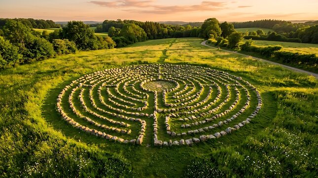 Stone labyrinth in a green meadow at golden hour sunset