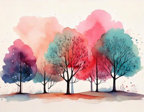 Watercolor Autumn Trees Illustration with Transparent Background