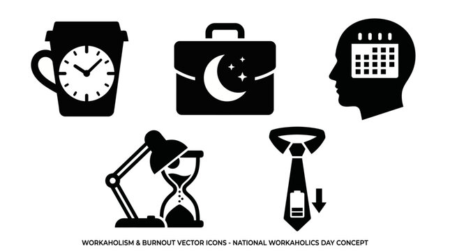 Vector icons illustrating workaholism, burnout, long working hours, time pressure, and exhaustion, suitable for National Workaholics Day concept.