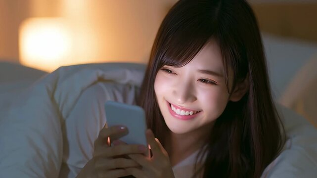 布団の中でスマホを触る日本人女性