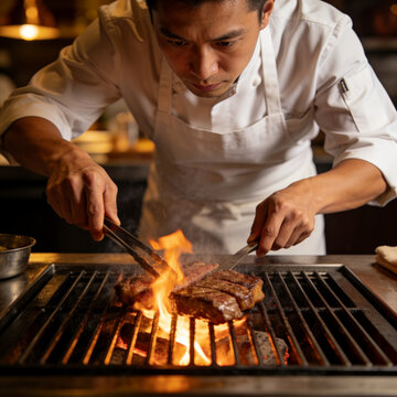 Chef Grilling Steak Over Open Flame in Restaurant Kitchen