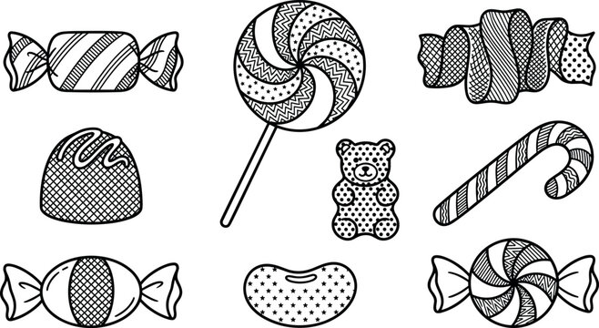 Hand Drawn Sweet Candy Doodle Icon Set Featuring Lollipop Candy Cane Gummy Bear Chocolate And Wrapped Treats For Coloring Book Pages And Patterns