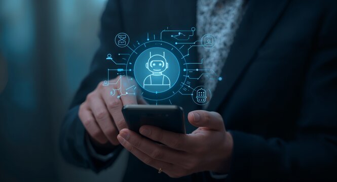 A person interacts with a smartphone, featuring a holographic AI chatbot, symbolizing � AI Technology and Digital Innovation Concept for Future Business
