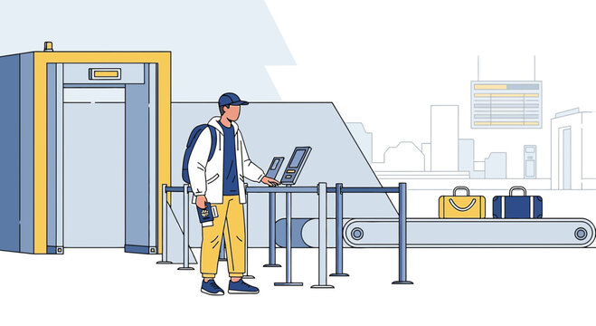 Man at Airport Security Checkpoint with Luggage and Scanner