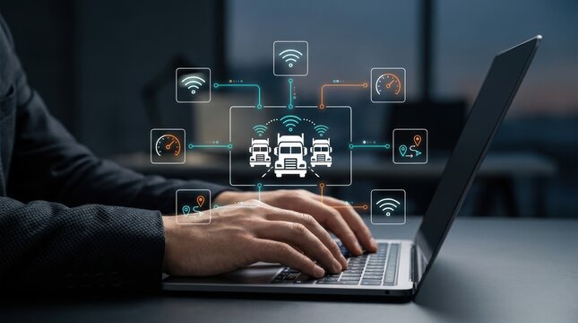 Logistician managing fleet operations via laptop with glowing digital truck icons and telemetry dashboard for real-time cargo tracking, smart logistics, supply chain modern technology business concept