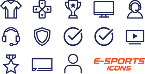 Set of e-sports and gaming related icons including t-shirt controller trophy monitor headset shield checkmark medal user silhouette with controller checkmark interface tournament competition © iconic 