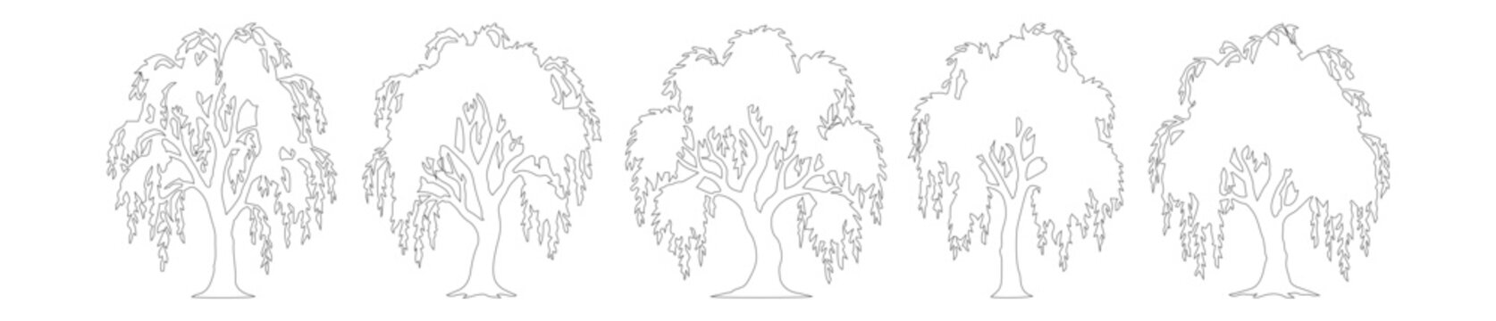 Minimalist willow tree line art collection, set of 5 weeping willow vector icons, black and white botanical sketches for landscape design