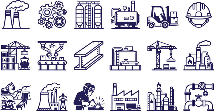 Industrial manufacturing factory processing and power plant icon set with industry manufacturing processing engineering industrial production machinery construction smokestacks forklift