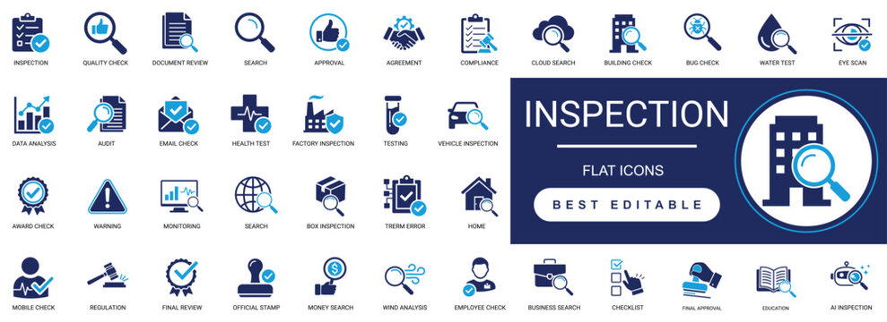 inspection solid icon set. assessment, audit, quality, verification, icon, check, inspect, testing, review, quality control, compliance. editable vector illustration.